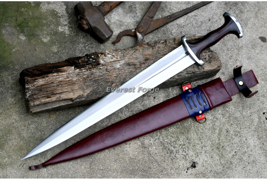 Hand-forged Degen short sword-dagger crossover blade with rosewood grip and leather scabbard by Everest Forge