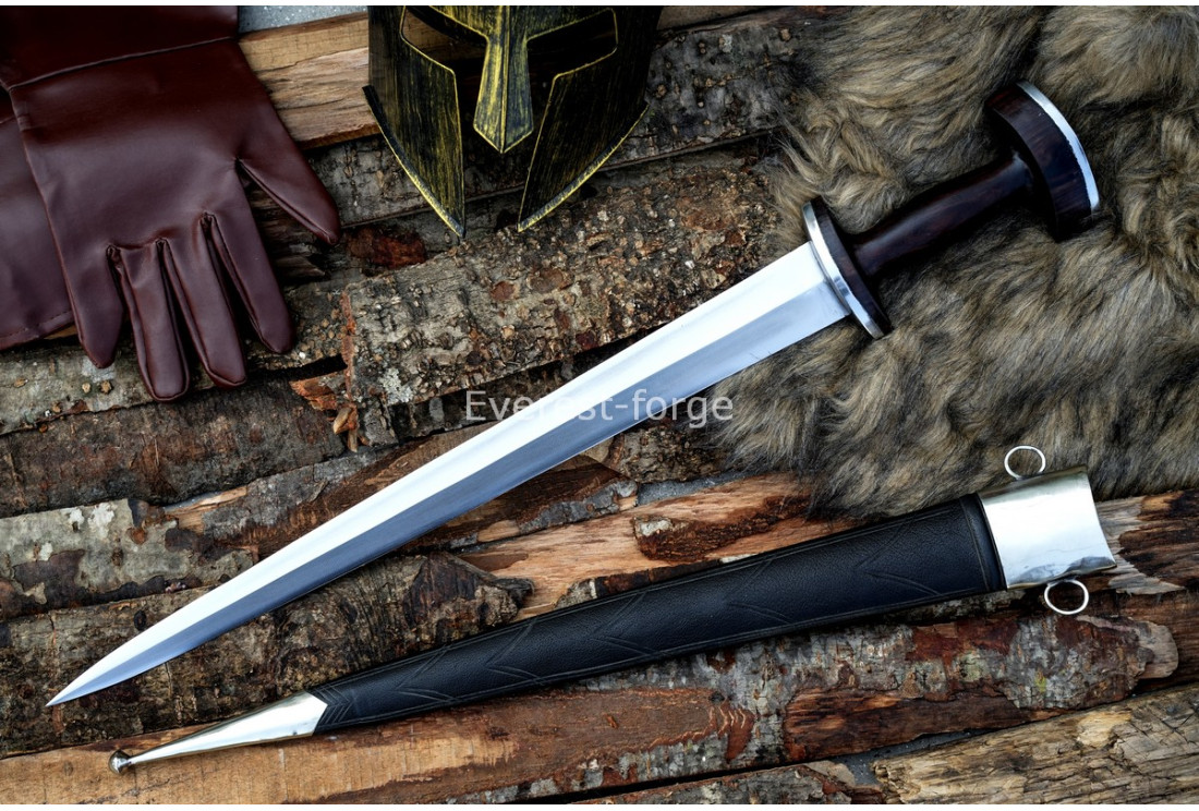 Hand-forged Baselard Short Sword with rosewood handle and leather scabbard by Everest Forge