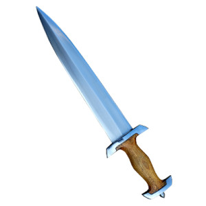 Hand-forged steel dagger with double-edged blade and hardwood handle, designed for tactical and close-combat use