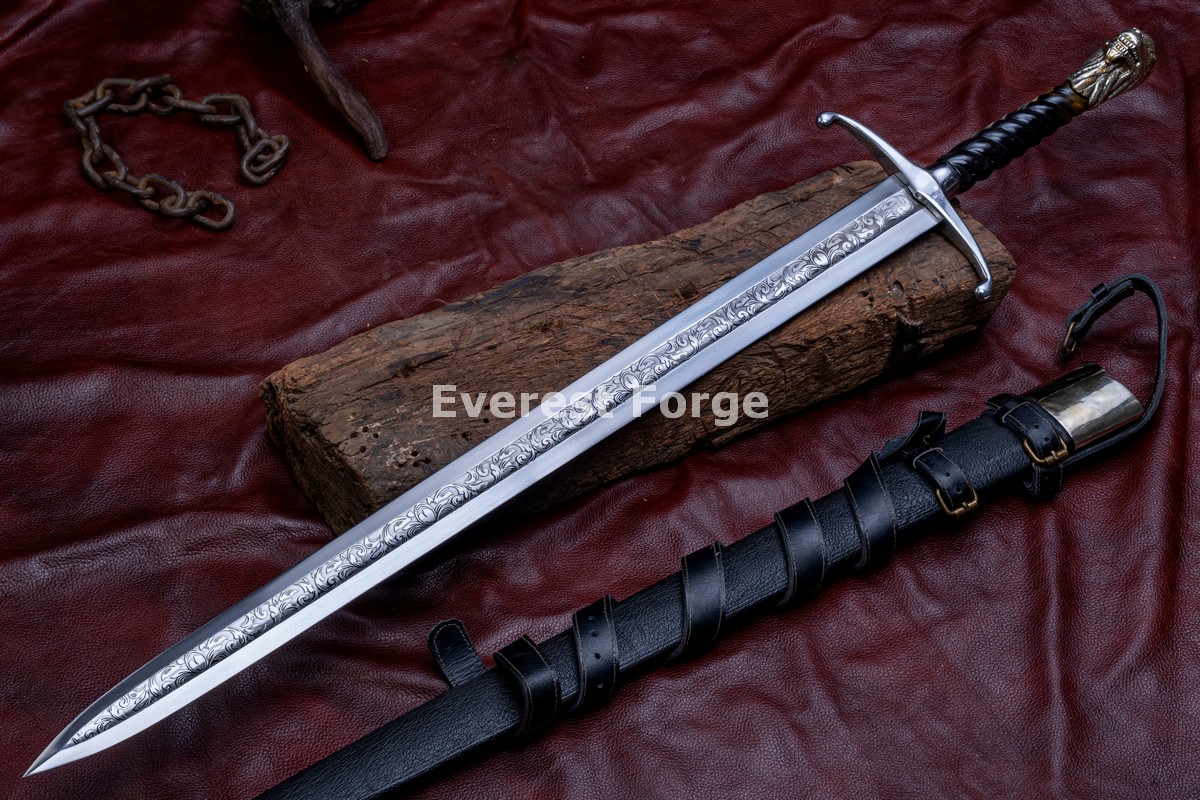 Hand-Forged Lion-Head Knightly Sword – 5160 Etched Blade | Everest