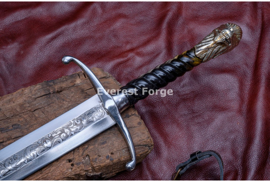 Hand-Forged Lion-Head Knightly Sword – Full-Tang 5160 Etched Blade
