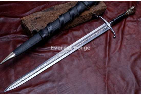 Hand-Forged Lion-Head Knightly Sword – Full-Tang 5160 Etched Blade