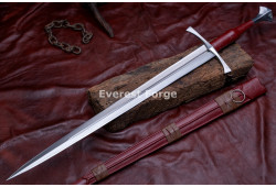 Hand-Forged Medieval Fantasy Longsword – Full-Tang 5160 Fullered Blade with Red Leather Grip
