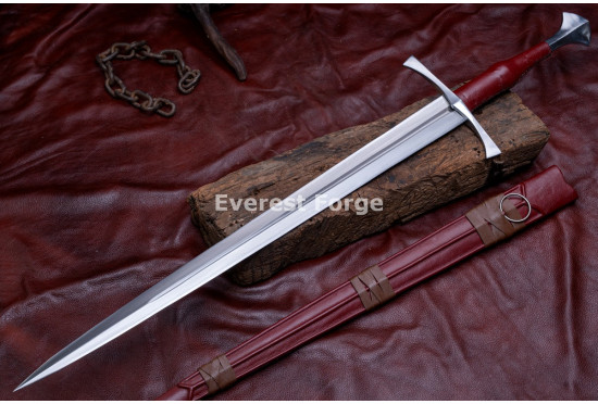 Hand-Forged Medieval Fantasy Longsword – Full-Tang 5160 Fullered Blade with Red Leather Grip