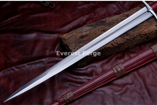 Hand-Forged Medieval Fantasy Longsword – Full-Tang 5160 Fullered Blade with Red Leather Grip