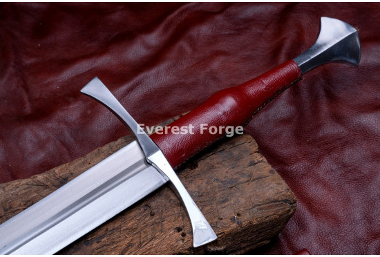 Hand-Forged Medieval Fantasy Longsword – Full-Tang 5160 Fullered Blade with Red Leather Grip