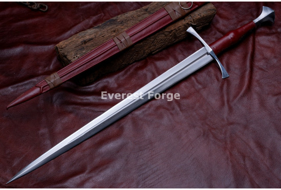 Hand-Forged Medieval Fantasy Longsword – Full-Tang 5160 Fullered Blade with Red Leather Grip