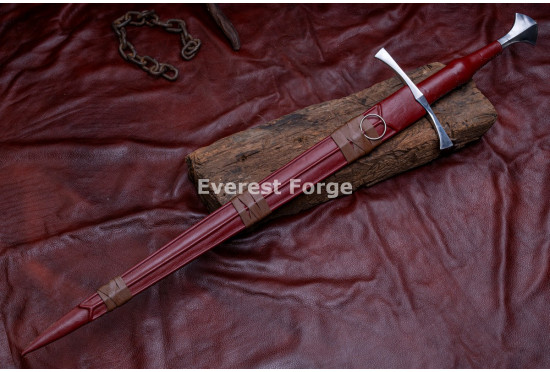 Hand-Forged Medieval Fantasy Longsword – Full-Tang 5160 Fullered Blade with Red Leather Grip