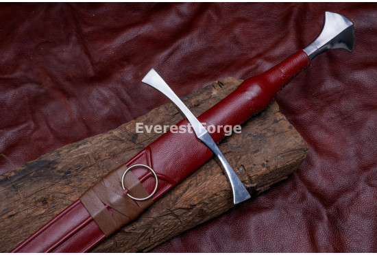Hand-Forged Medieval Fantasy Longsword – Full-Tang 5160 Fullered Blade with Red Leather Grip