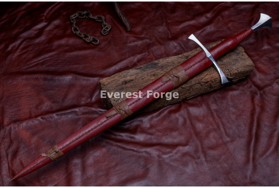 Hand-Forged Medieval Fantasy Longsword – Full-Tang 5160 Fullered Blade with Red Leather Grip