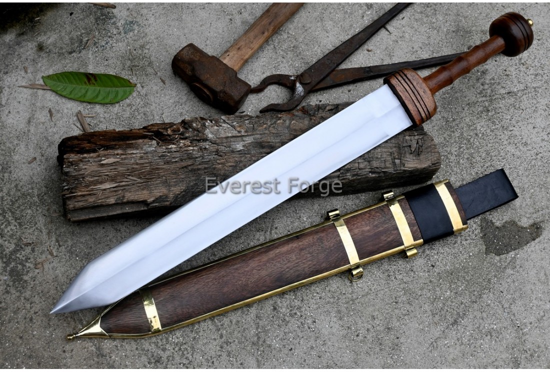 Hand-forged Gladius Hispaniensis leaf-blade Roman sword with wooden scabbard