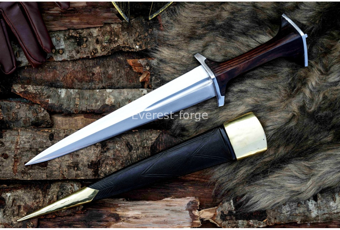 Hand-forged Swiss Baselard dagger with wood grip and brass-mounted leather scabbard by Everest Forge