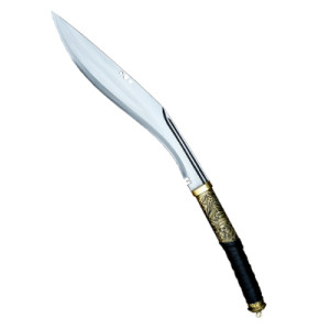 Traditional hand-forged khukuri knife with curved blade and wooden handle, crafted for utility, jungle, and combat use