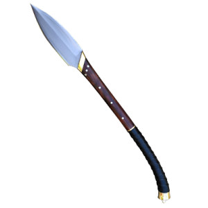 Hand-forged spear with leaf-shaped steel blade and hardwood shaft, designed for hunting, combat, and display