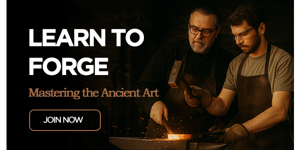 Promotional banner for Everest Forge showing a master blacksmith teaching an apprentice how to forge metal. Both are wearing leather aprons and safety glasses while working over a glowing anvil. Text on the banner reads “Learn to Forge – Unlock the ancient art of blacksmithing” with a call-to-action button labeled “Get Started.” The warm lighting from the forge emphasizes traditional craftsmanship.