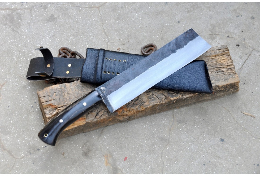 Raw Finish Cleaver with Horn Handle - Hand-Forged in Nepal