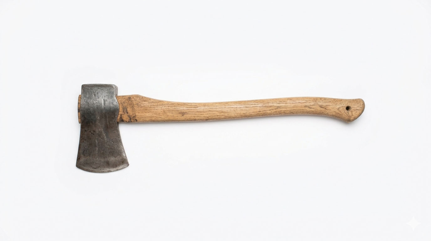 Hand-forged axe with a heavy bit on a long curved wooden handle, the two-handed pattern used for felling and splitting