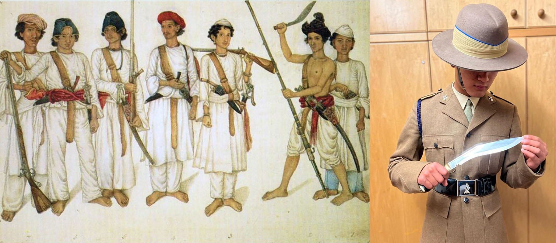 Comparison of old Gurkhas with deeply curved kukris and a modern Gurkha with a less curved kukri