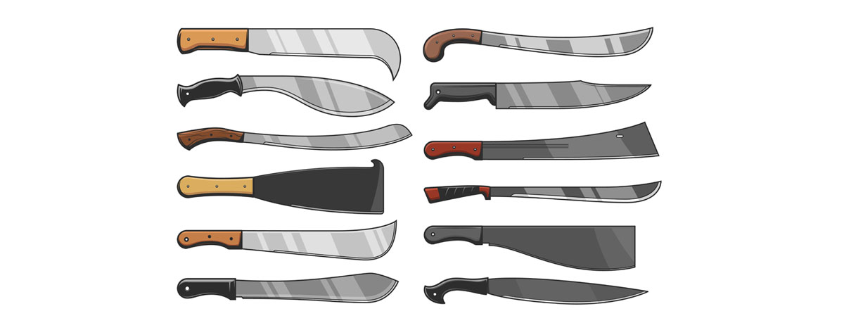 Different shapes of machetes showing common blade profiles for clearing, chopping, and outdoor work