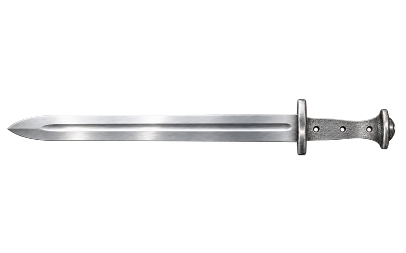 Full flat tang sword shown without grip scales, full width tang with rivet holes running to the pommel