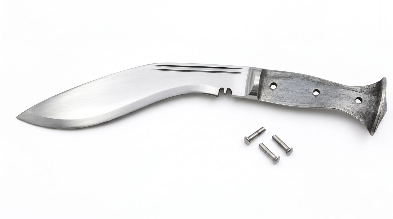 Full flat tang panawal kukri khukuri shown without handle scales, with forged flared butt and rivet holes