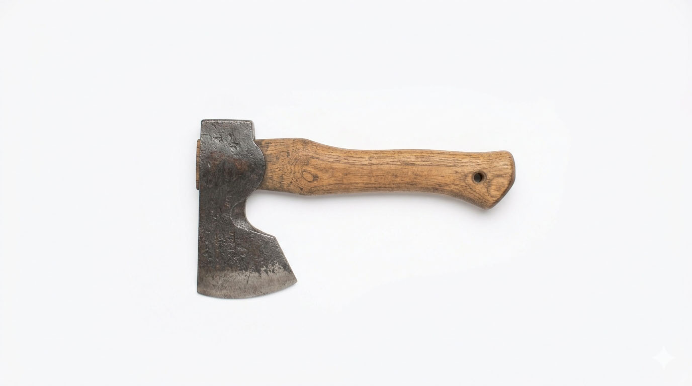 Hand-forged hatchet with a light head and a short 14 inch wooden handle, sized for one-handed camp and kindling work