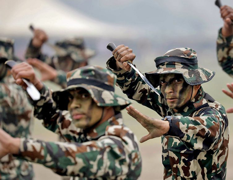 Nepal Army soldiers holding traditional khukuri knives, representing national pride, discipline, and cultural heritage