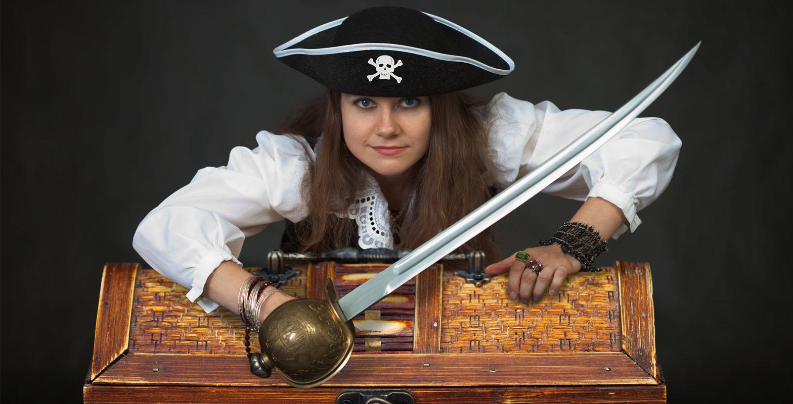 Pirate carrying swords and daggers of the Golden Age of Piracy, including a curved cutlass
