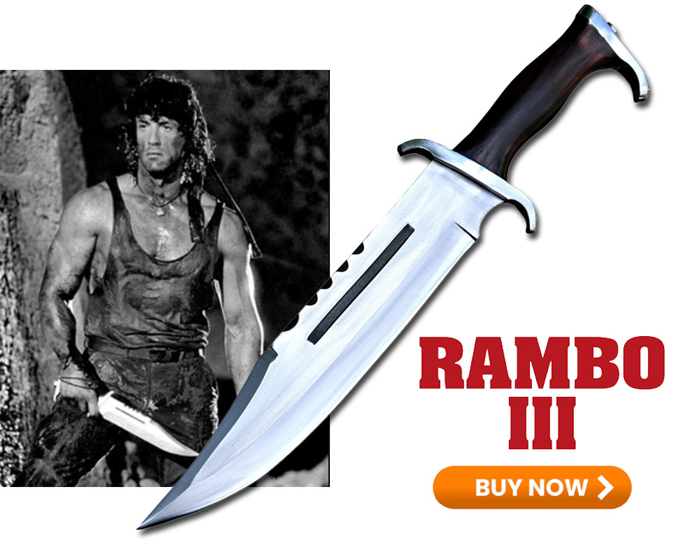 Hand-forged Rambo III knife with full tang construction and rosewood handle