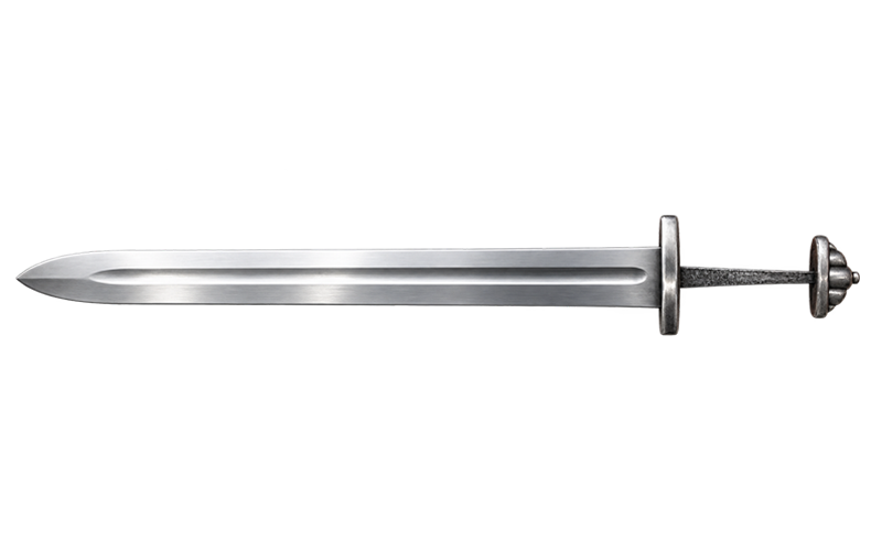 Through tang sword shown without grip, narrowing tang running through the grip and peened over the pommel