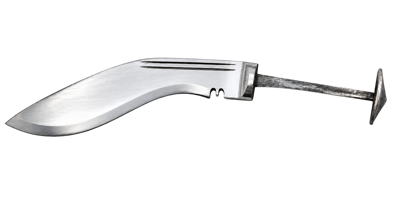 Full rat tail tang paro kukri khukuri shown without handle, narrow tang running to the chapri butt cap