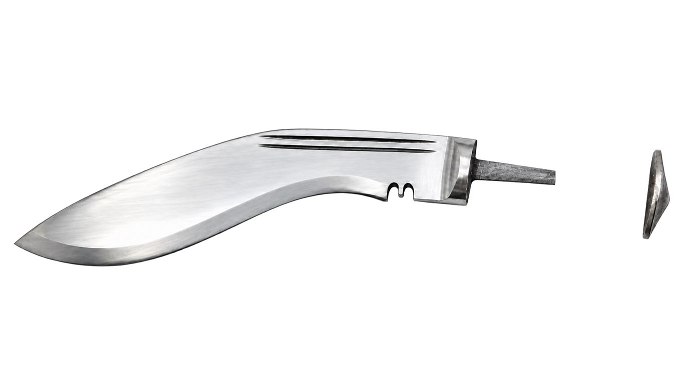 Semi rat tail tang kukri khukuri shown without handle, short tang stub stopping well short of the separate butt cap