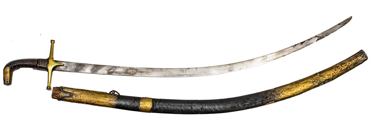 Shamshir sword with deeply curved slender blade influenced by Persian and Indian design