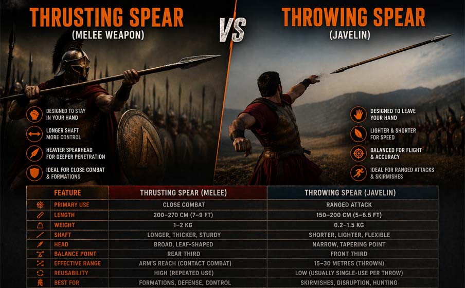Thrusting spear vs throwing spear comparison infographic showing melee spear and javelin differences