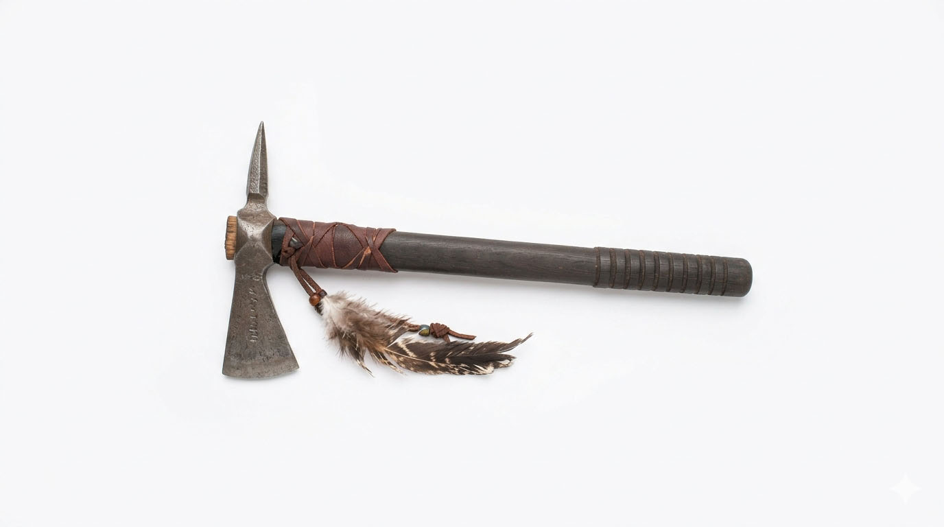 Hand-forged spike tomahawk with a flared bit, spike poll, slim straight handle and leather-wrapped head with feather drop