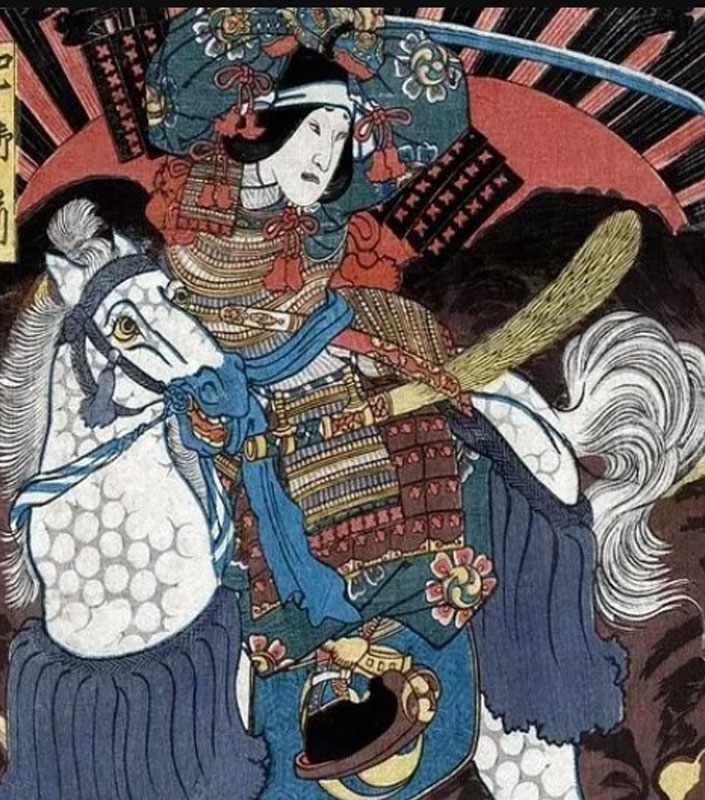 Tomoe Gozen the samurai onna-musha on horseback with her tachi sword - hand-forged blades by Everest Forge