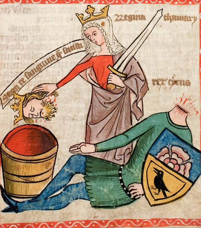 Tomyris queen of the Massagetae with her sword in a medieval illustration - hand-forged swords by Everest Forge