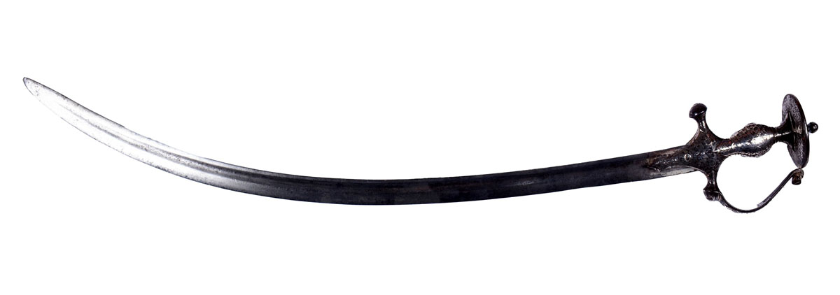 Tulwar Indian sword with curved blade and traditional disc pommel hilt used in historical warfare