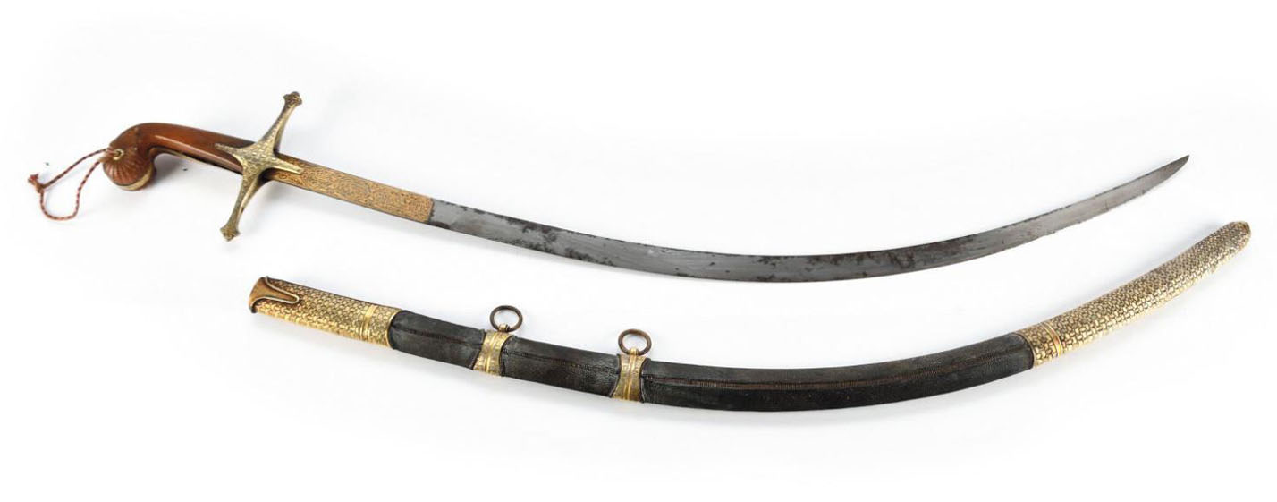 Turkish Shamshir sword with deeply curved slender blade designed for slicing cuts