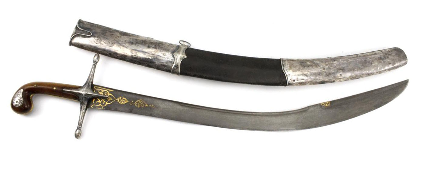 Turkish Pala sword with heavy curved blade and wide cutting edge derived from kilij design