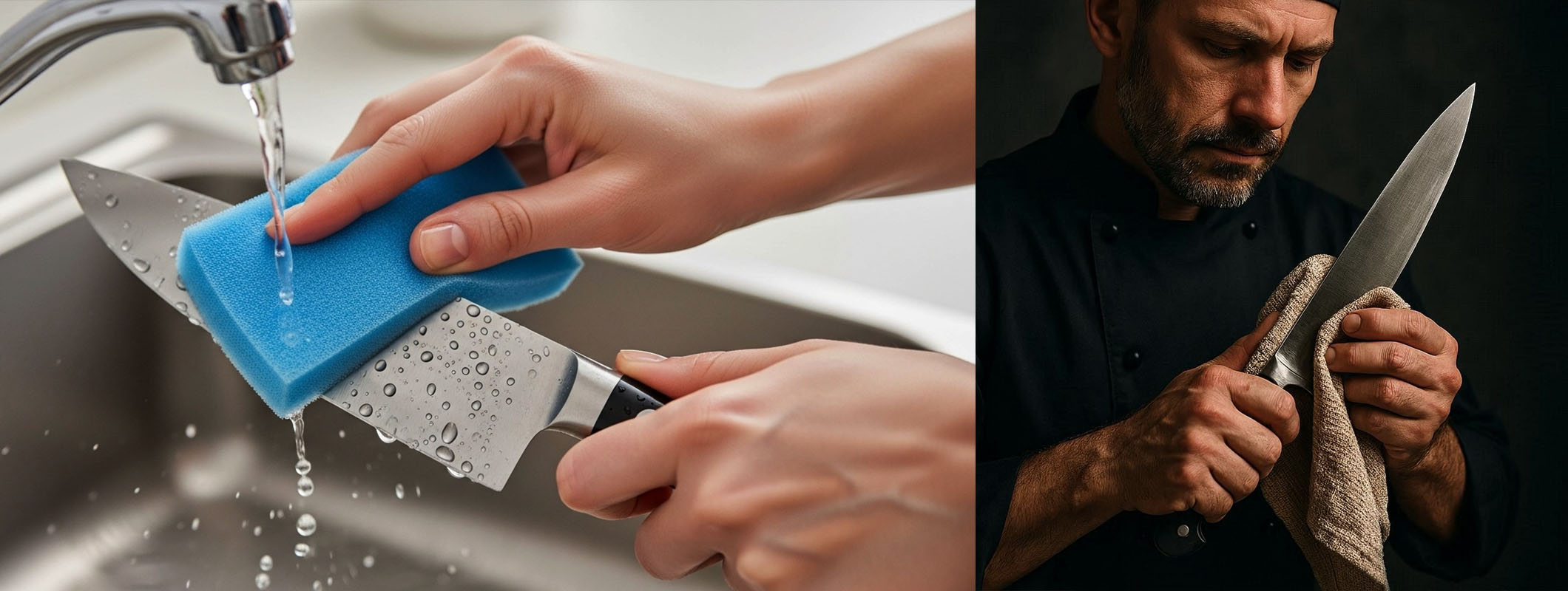 Hand-washing and drying a carbon steel chef knife - the daily wash and dry care routine for kitchen knives by Everest Forge