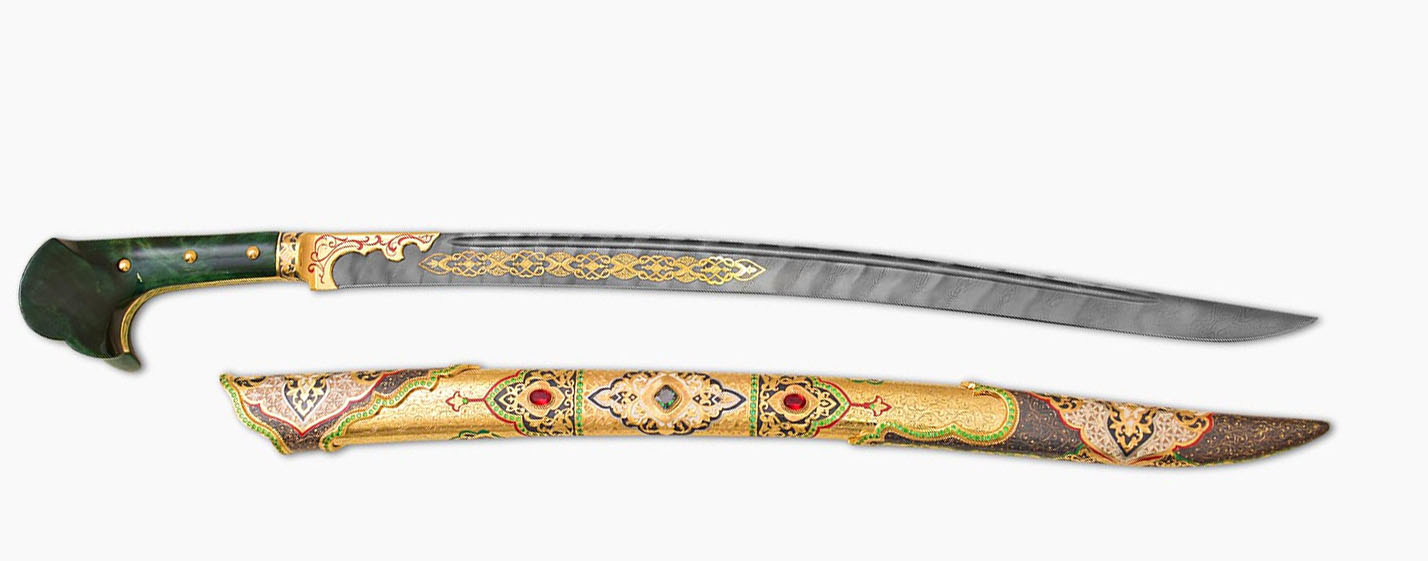 Turkish Yatagan sword with forward curved blade and eared handle without guard