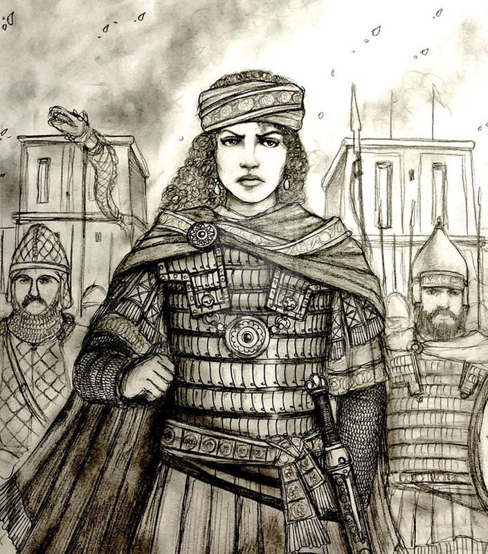 Zenobia queen of Palmyra in scale armour with her sword and soldiers - hand-forged swords by Everest Forge