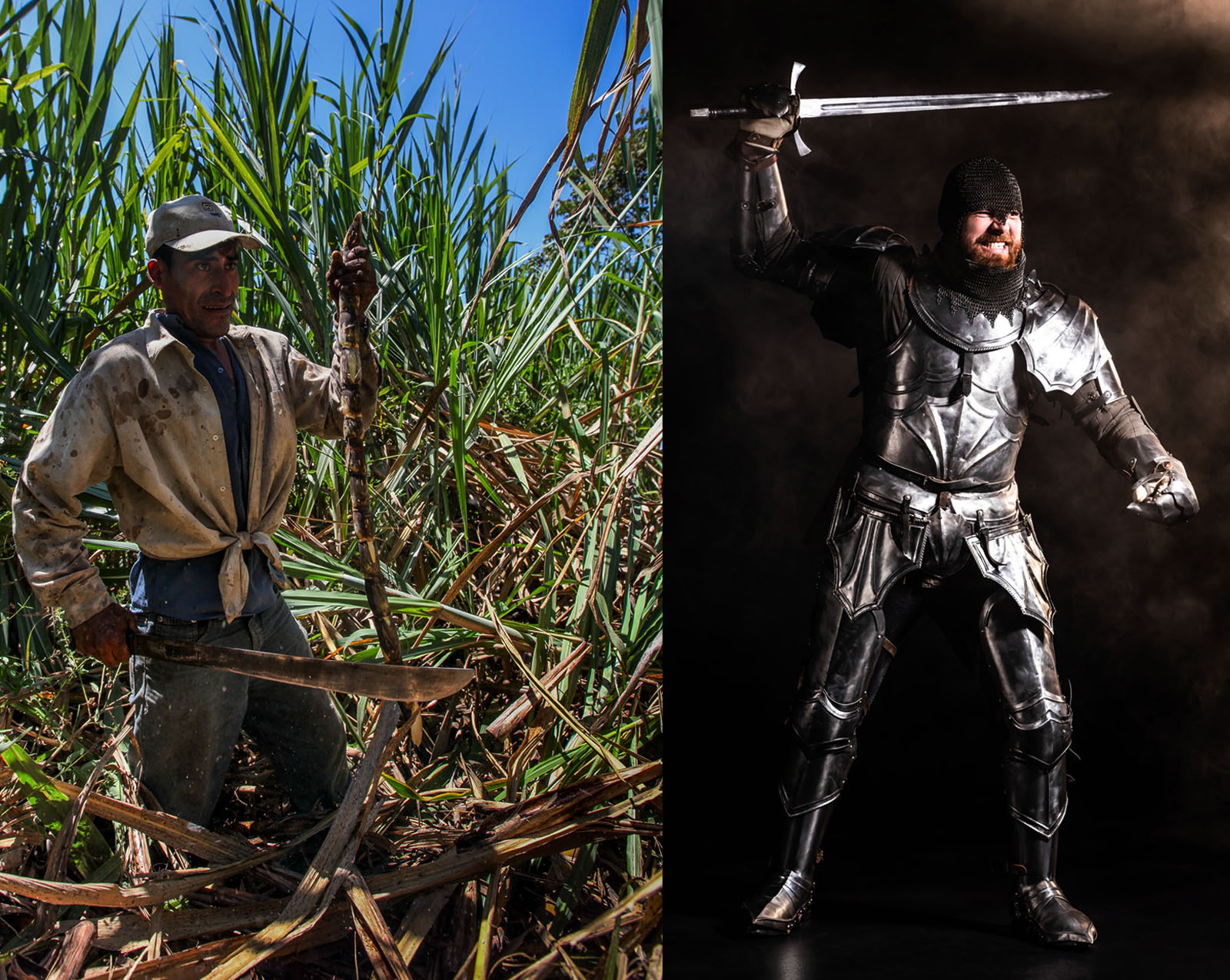 Farmer with machete and warrior with sword