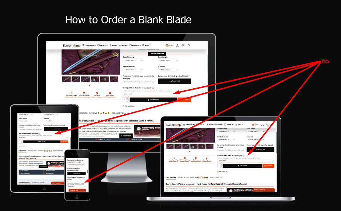 How to order a hand-forged blank blade from Everest Forge - select the Blank Blade option on the product page and order directly