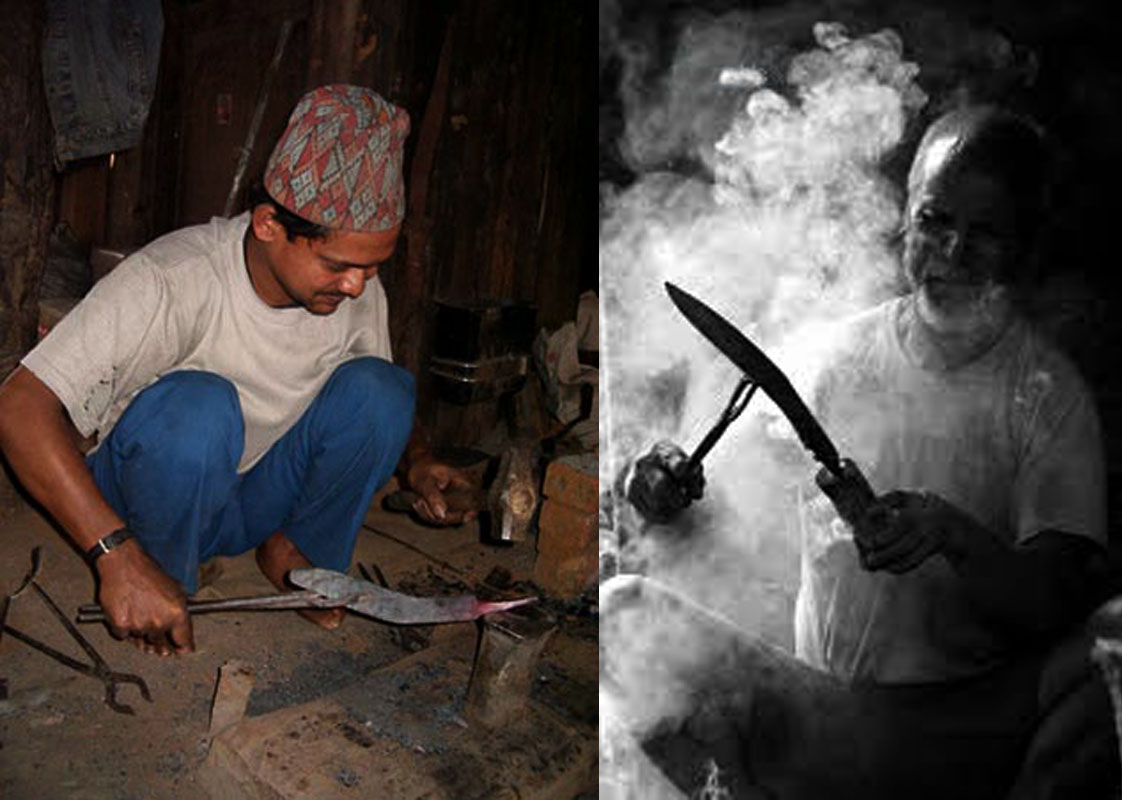 Nepalese Kami blacksmith forging a kukri and fitting the handle using traditional methods