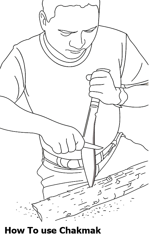 Illustration showing how to use the chakmak sharpening steel to maintain a kukri edge