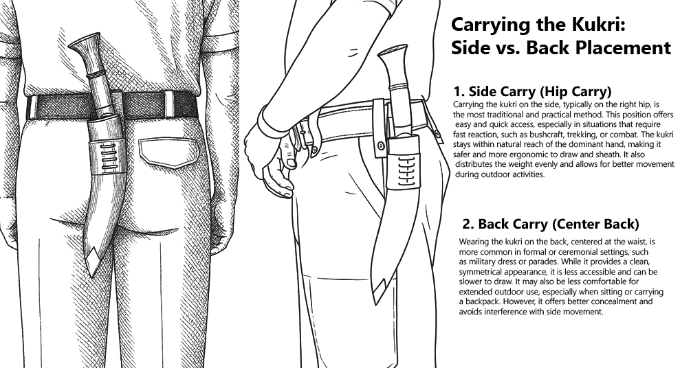 Two traditional ways of carrying a kukri — side carry at the waist and centred carry at the lower back