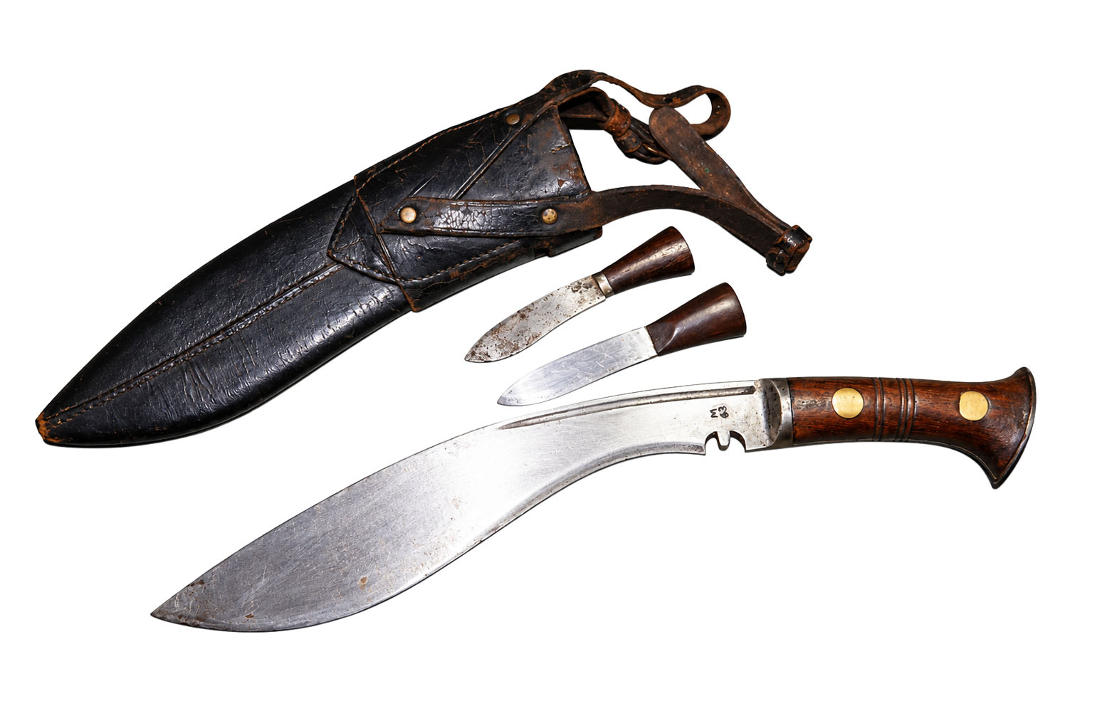 WWII M43 military kukri (khukuri) with M43 stamp, steel bolster, brass rivets and butt cap, with black leather scabbard, frog, karda and chakmak