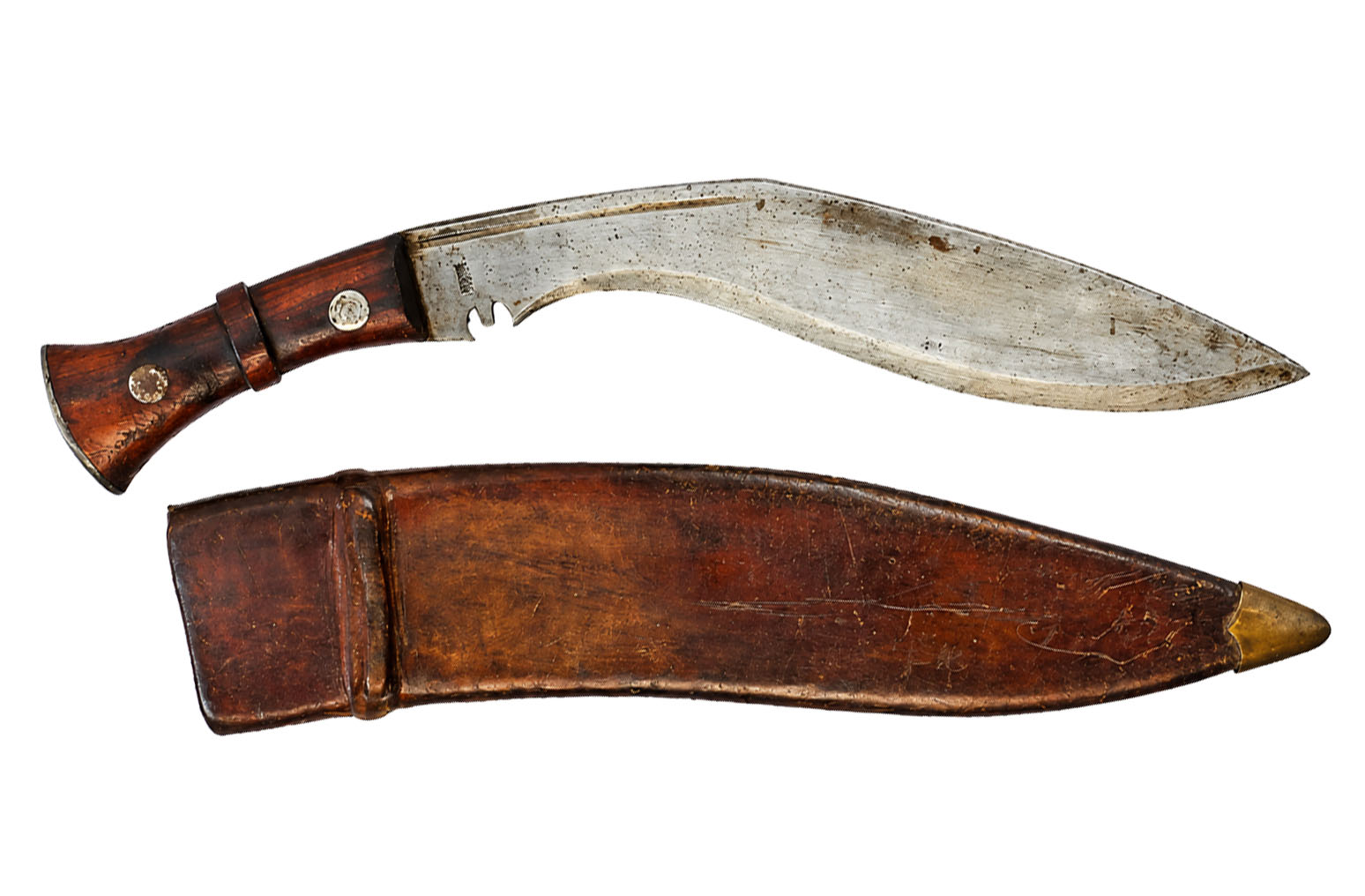 WWII MK III military kukri (khukuri) with wooden grip, two large rivets, butt cap and maker stamp near the spine, beside its leather scabbard with brass chape